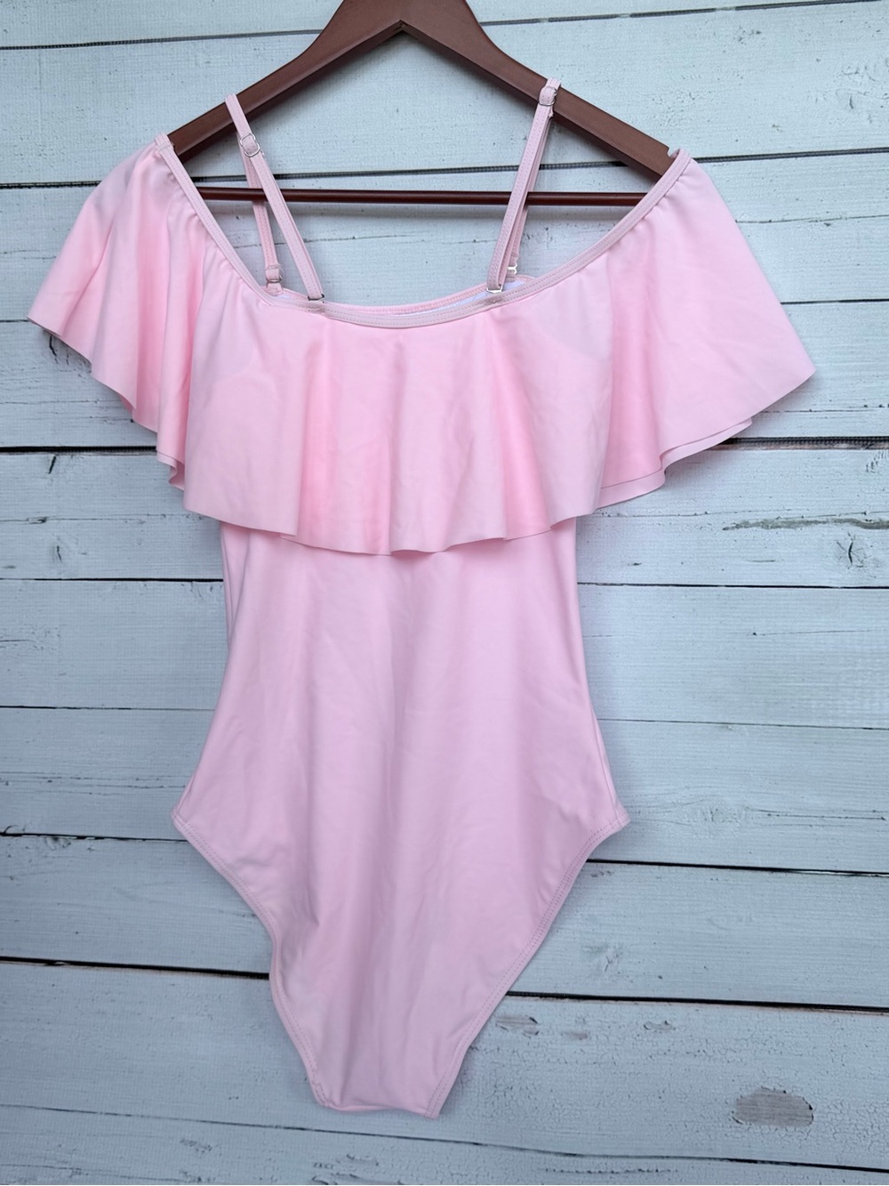 NWT Tempt Me Pink Off-the-Shoulder Ruffle One Piece Swimsuit - Picture 6 of 7